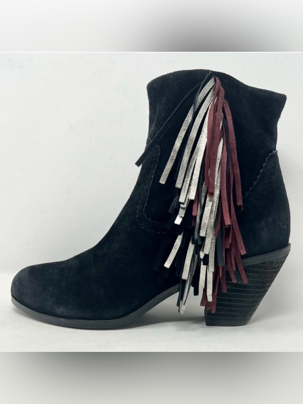 Sam Edelman Suede Tasseled Louie Booties, Black/Silver/Maroon, Women’s Size 6